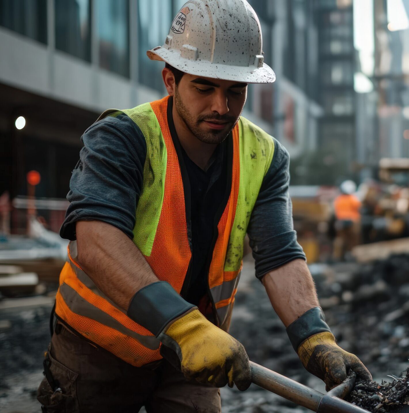 A construction site worker focused on cleaning up debris with a shovel, the worker is wearing a hard hat, gloves, and safety vest, the background shows unfinished structures and scattered building materials, soft natural light filtering through the construction site, creating a gritty, industrious atmosphere, the worker’s determination and focus on the task at hand is evident, photography with emphasis on the worker’s hands and the shovel, shallow depth of field to highlight the debris and tools, --ar 16:9 --profile kwllwrr --stylize 250 --v 6.1 Job ID: ceca390b-7cc4-454b-82d8-0e3a6c9044f5